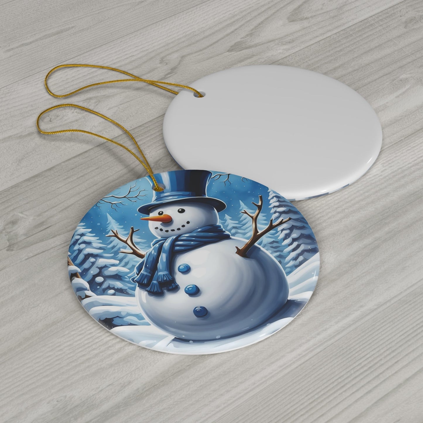 Blue Snowman Christmas Series #2, Holiday Ceramic Ornament,