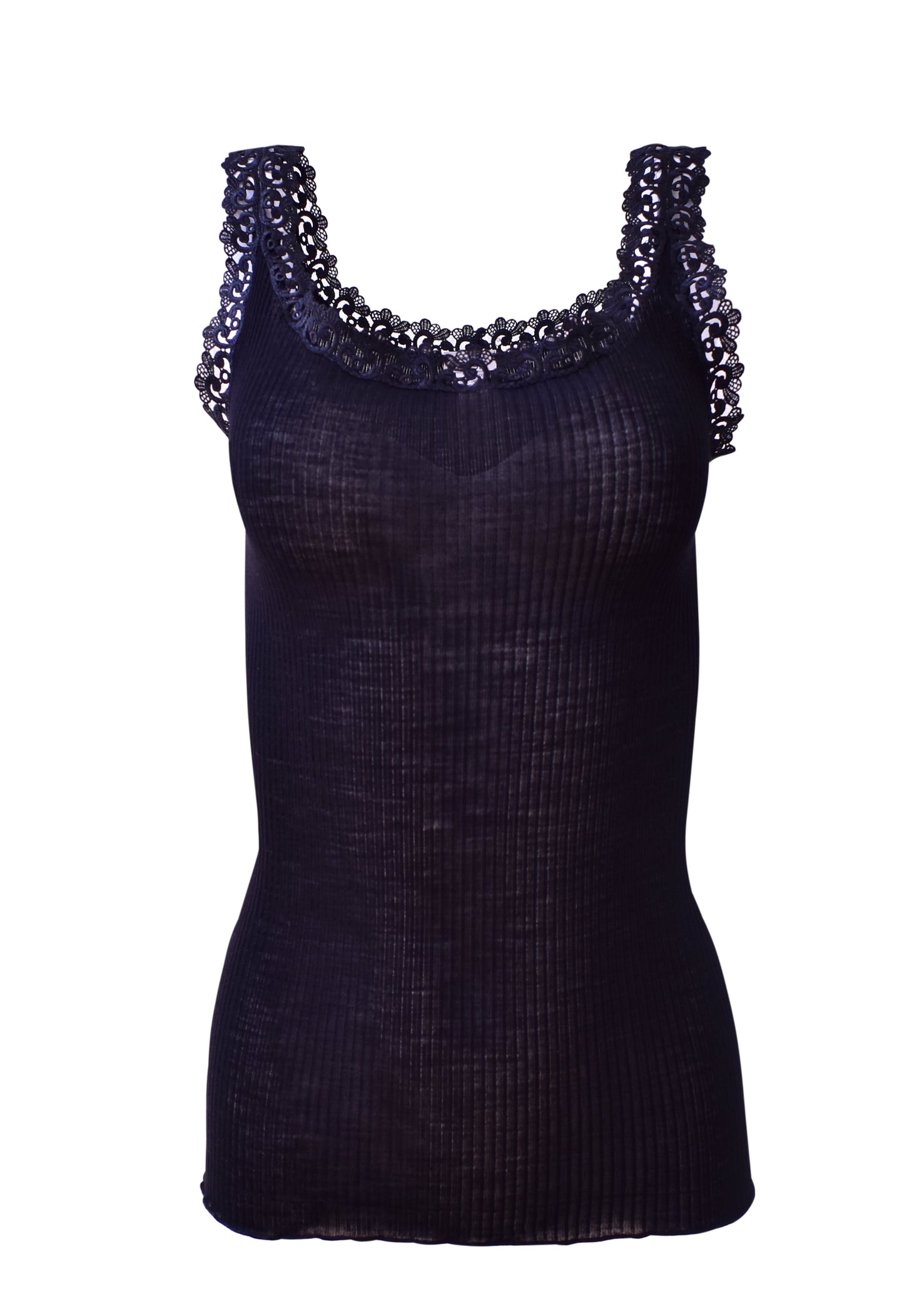 EGI Luxury Wool Silk Camisole with Macramé Lace Trim. Proudly Made in Italy.