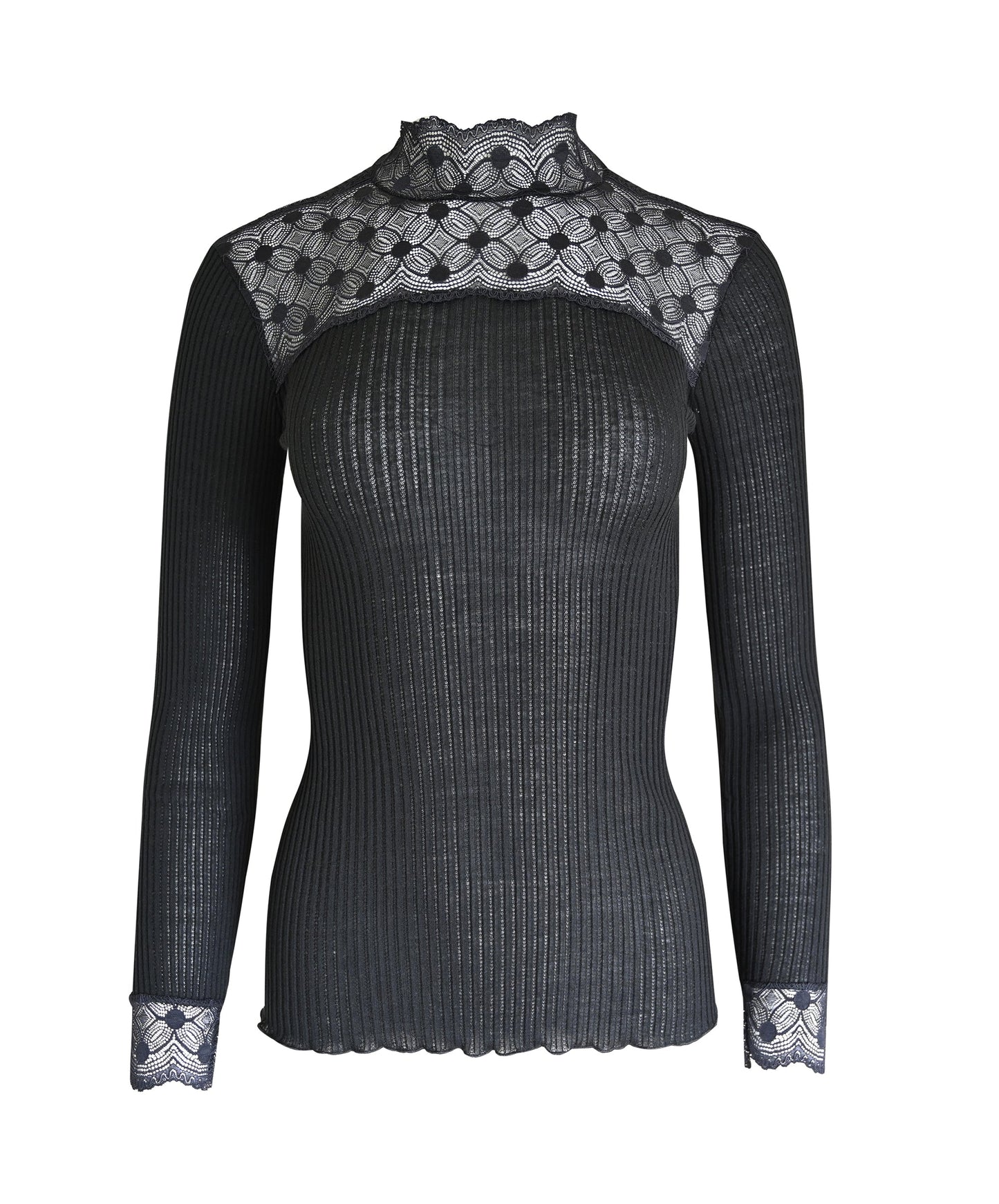 EGI Exclusive Merino Wool Blend Top Mock Neck Lace Trim Long Sleeves. Proudly Made in Italy.