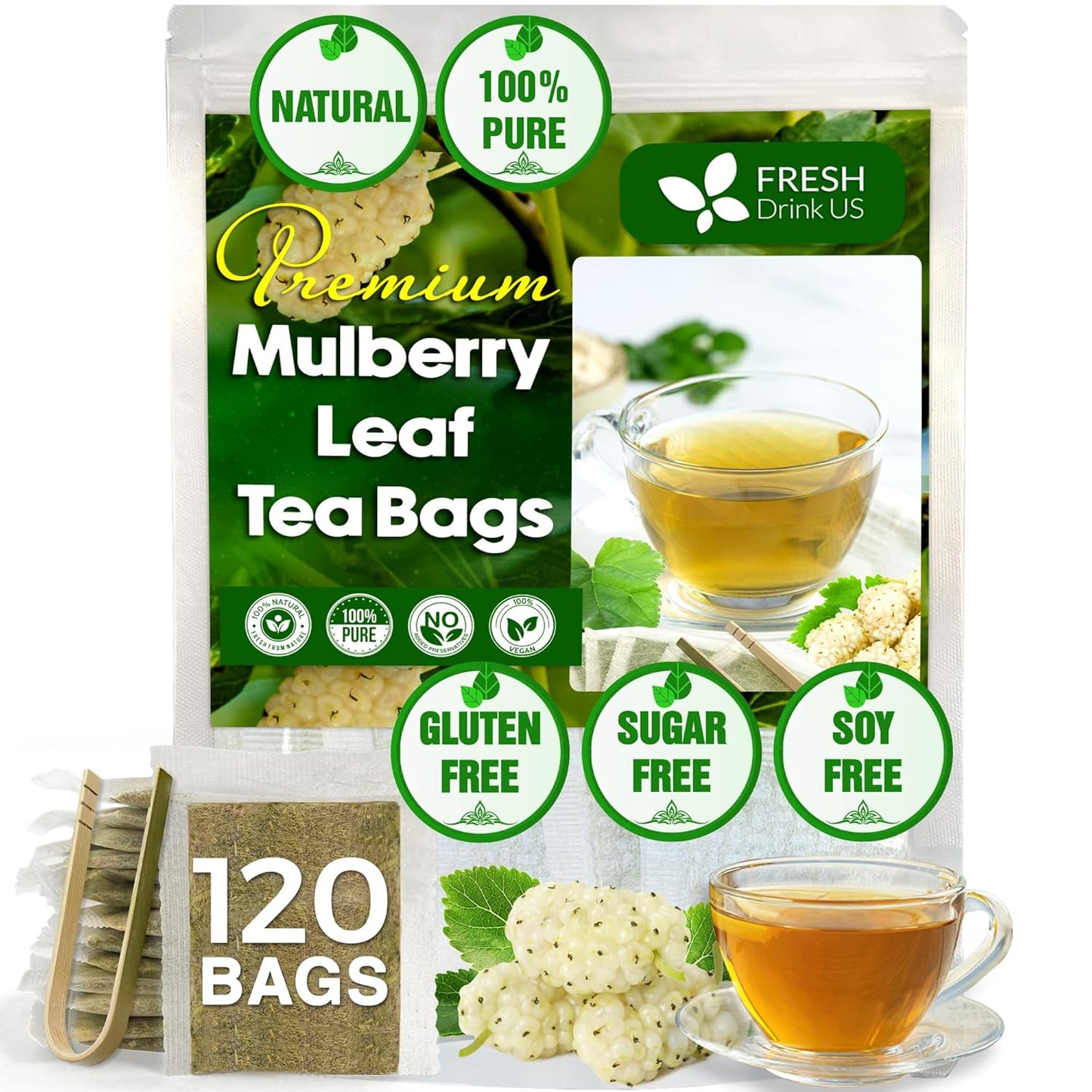 Premium Mulberry Leaf Tea Bags. No Sugar, No Caffeine, No Gluten, Vegan.