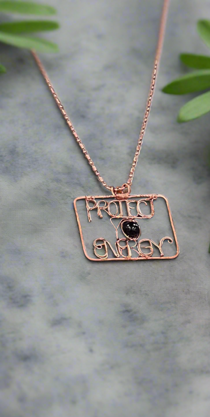 Custom .999 Copper Wire Wrapped Protect Yo Energy Square Name Necklace