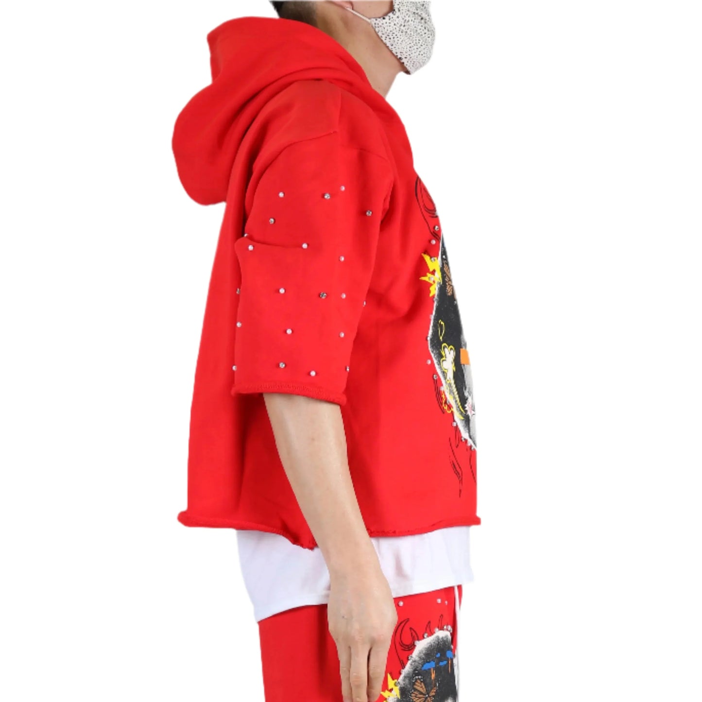 SIMON French Terry 3/4 Sleeve Crop Top Pullover Hoodie