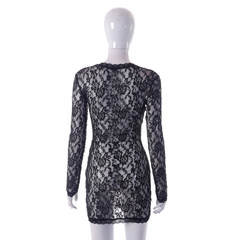 Spring Summer New Women Lace Spliced Sleepwear Sexy Perspective Dress