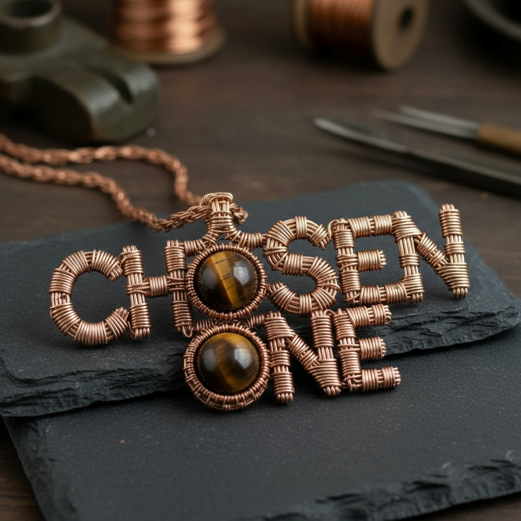 Custom copper wire wrapped chosen one statement necklace with tigers eye crystals