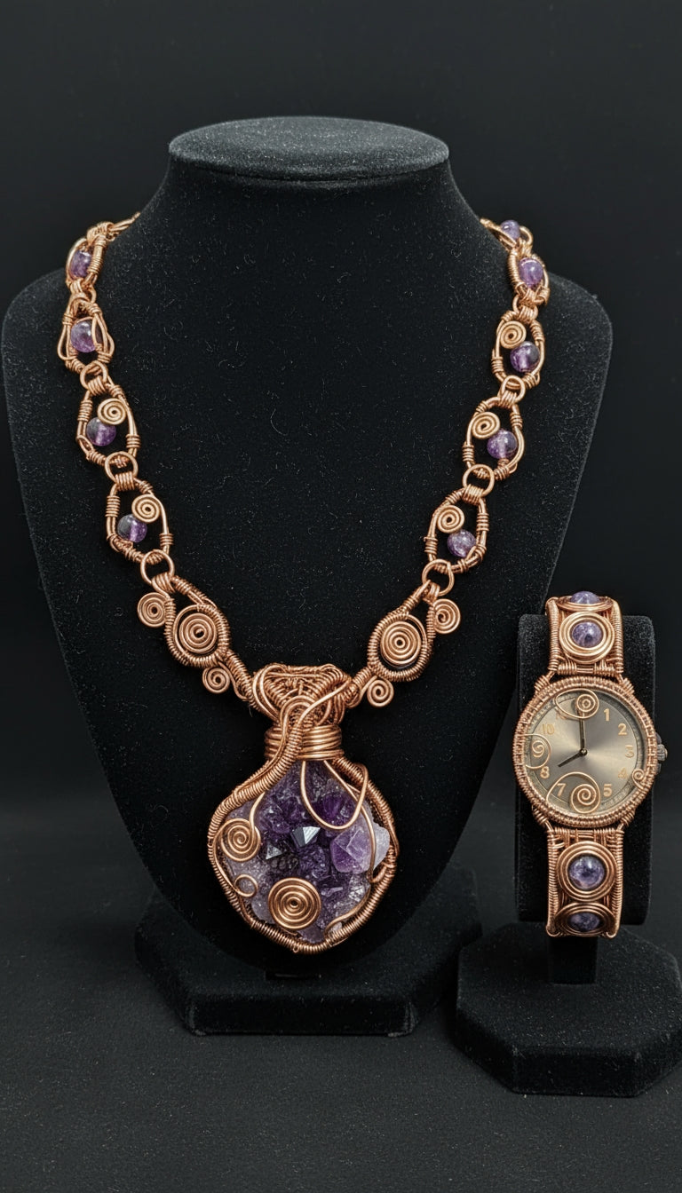Chunky Custom Copper Wire Wrapped Amethyst Necklace And Watch set #4