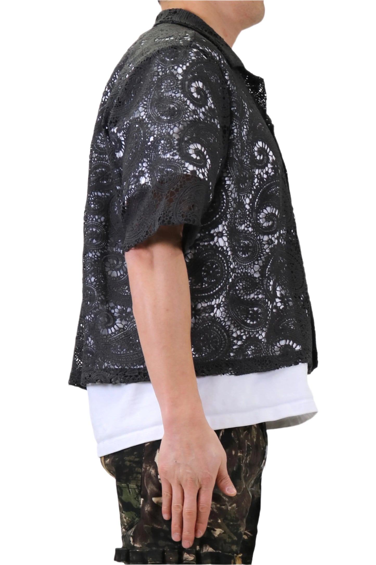 ELUX Paisley Mesh Crop Top Short Sleeve Buttondown Shirt