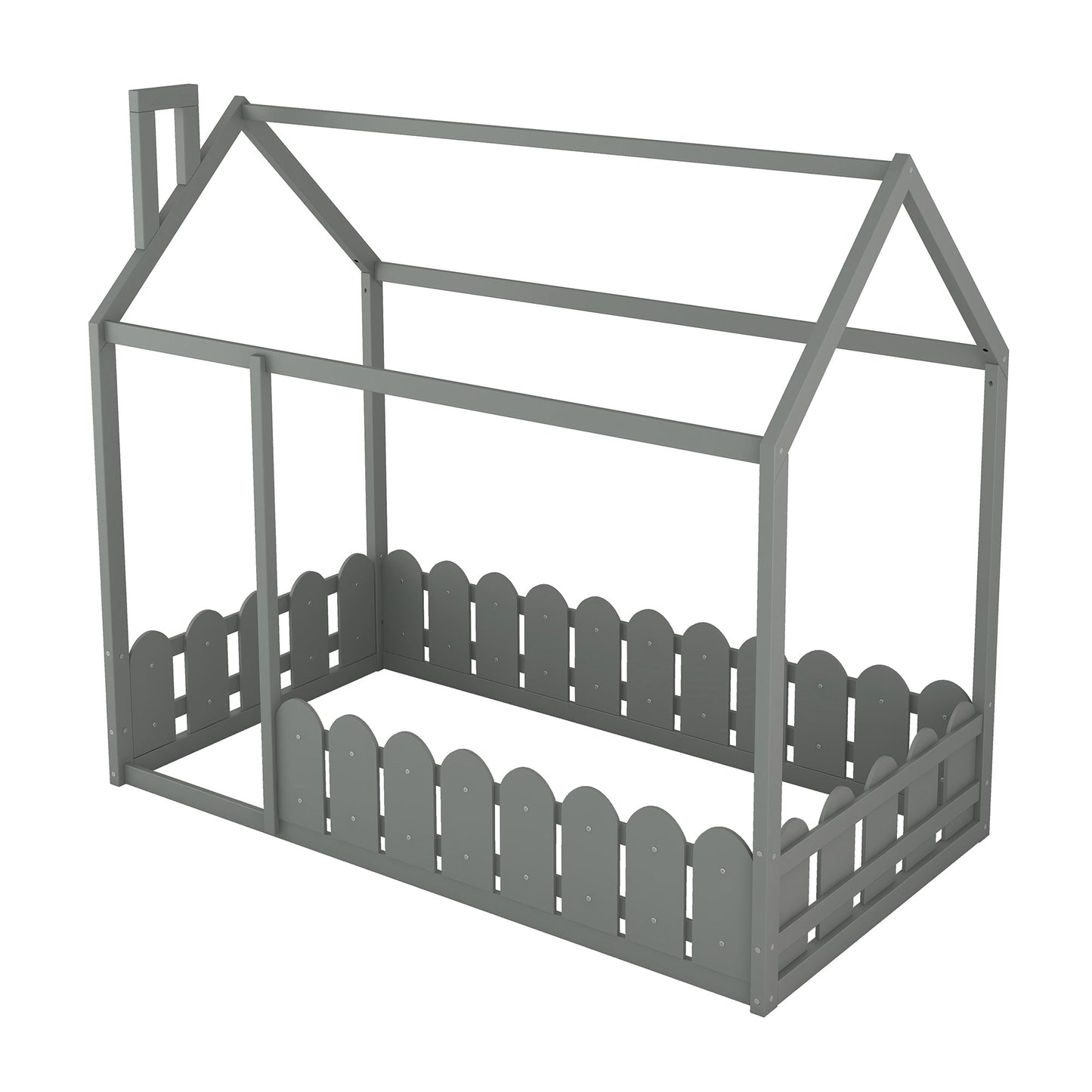 {Slats are not included}Twin Size Wood Bed House Bed Frame with Fence for Kids Teens Girls Boys {Gray}