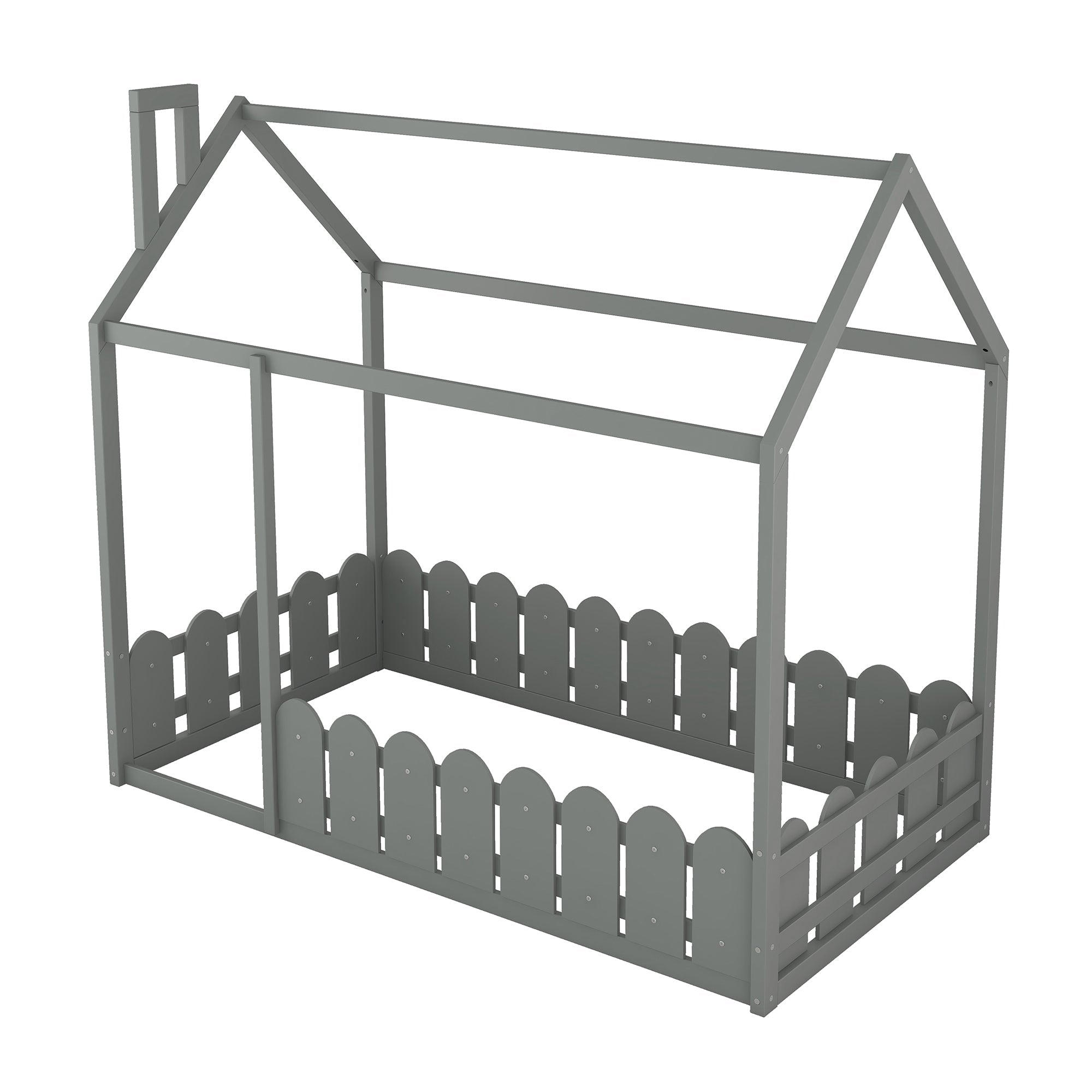 {Slats are not included}Twin Size Wood Bed House Bed Frame with Fence for Kids Teens Girls Boys {Gray}