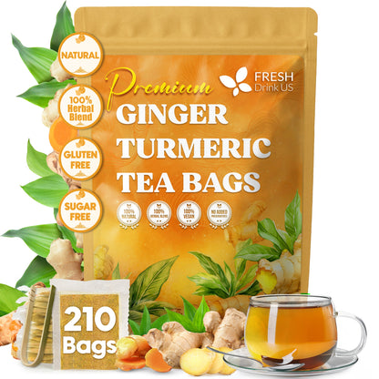 Premium Ginger Turmeric Tea Bags, Hand-made Blend of Ginger and Turmeric Herbal Tea, Eco-conscious Tea Bags. No Sugar, No Caffeine, No Gluten, Vegan.