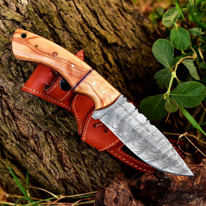 Custom Handmade 10" Damascus Steel Hunting Knife with Olive Wood Handle & Leather Sheath