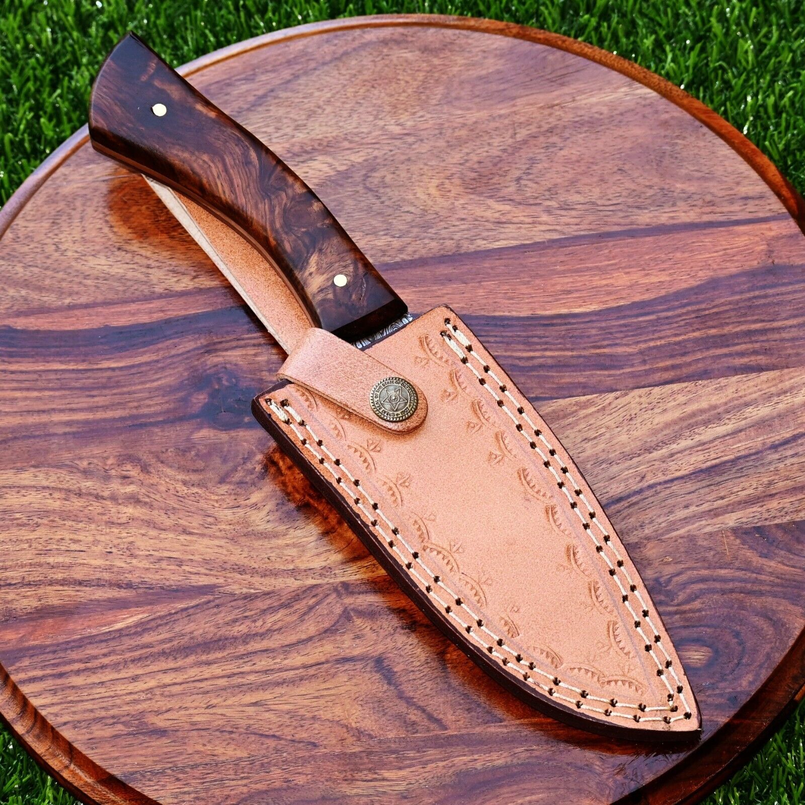 Damascus Steel Hunting Knife – 10" with Rosewood Handle and Leather Sheath