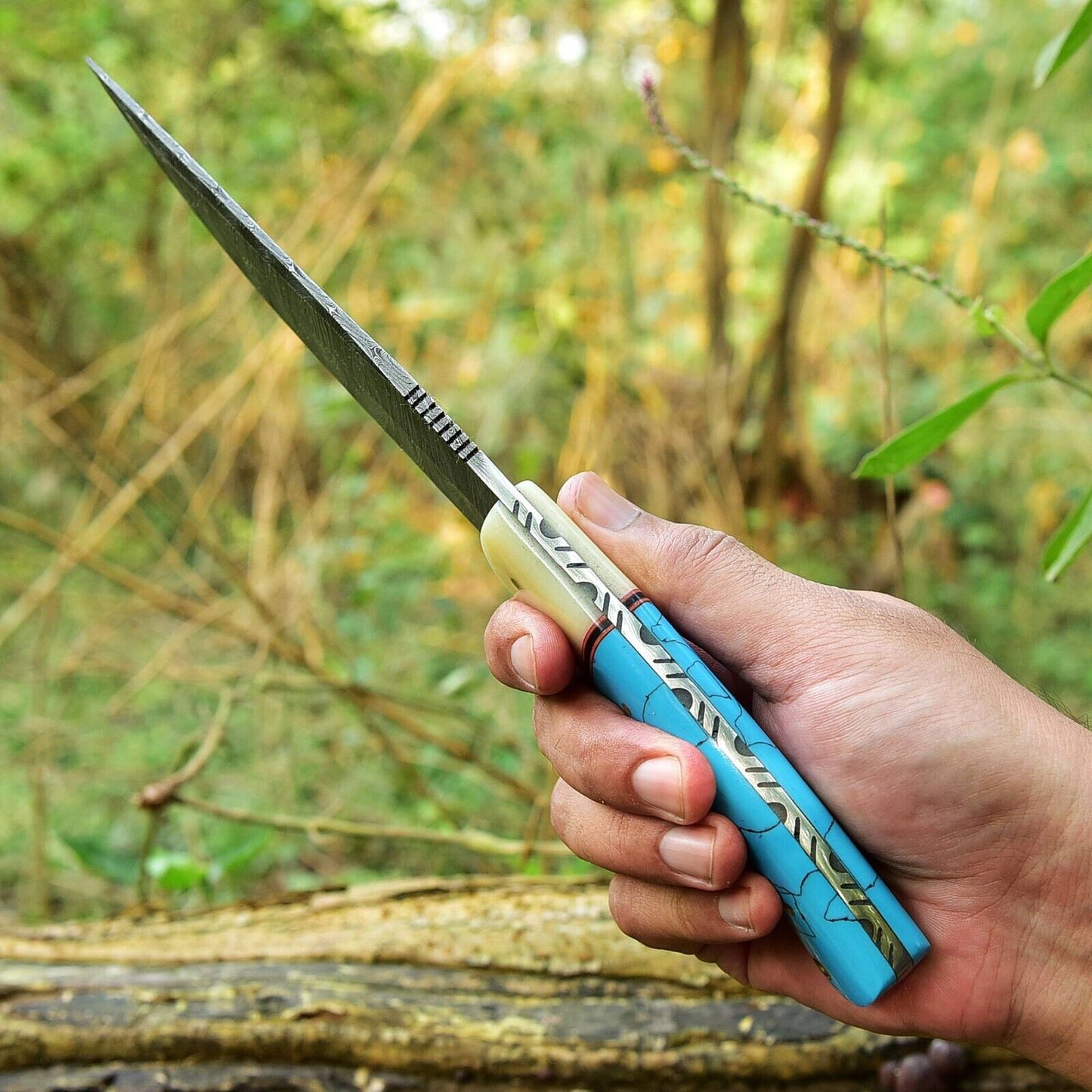 Custom Handmade Damascus Steel Hunting Knife – 10-Inch Blade with Resin Handle, Includes Leather Sheath