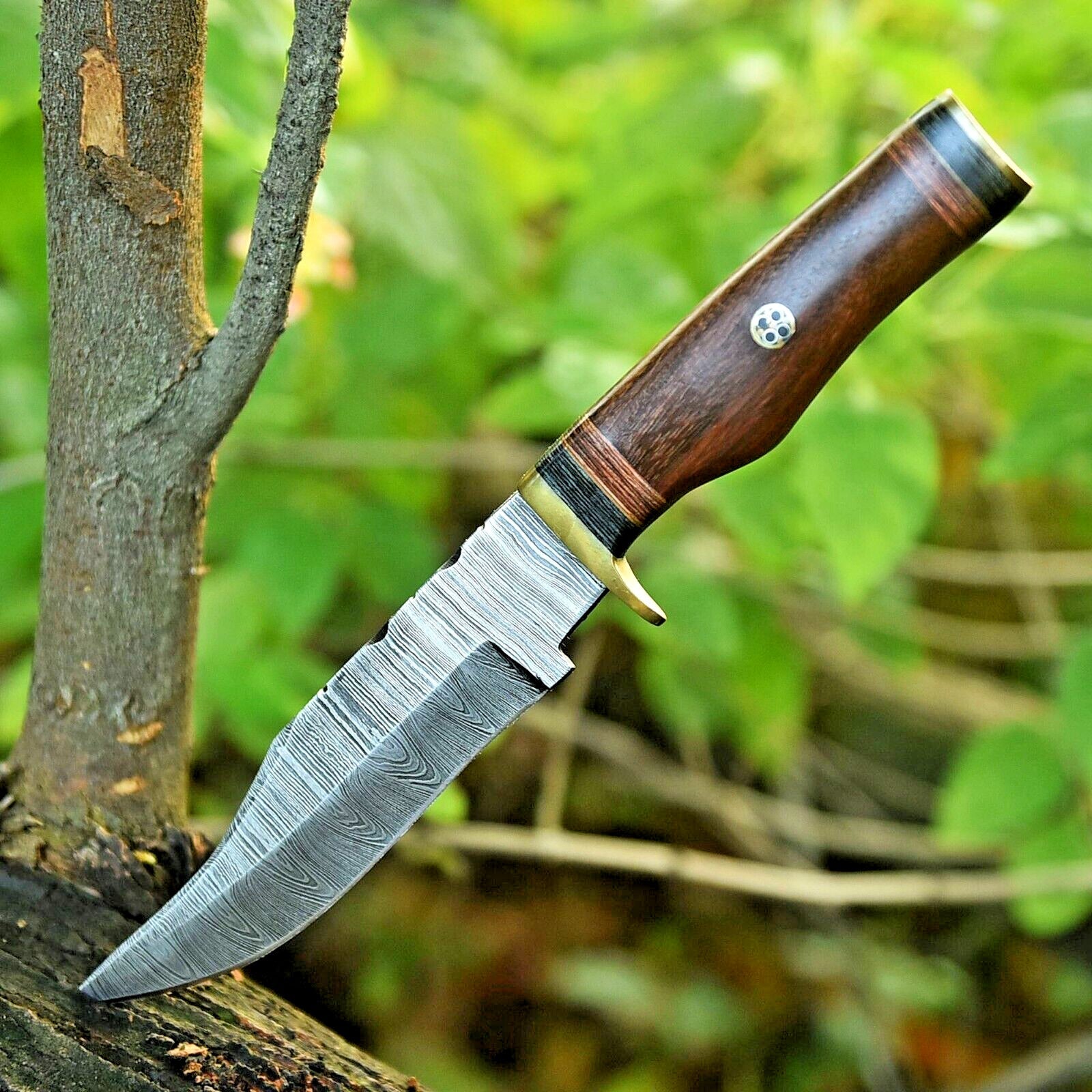 Damascus Steel Hunting Knife – 10" Blade with Brass Guard & Resin Pakkawood Handle, Leather Sheath Included