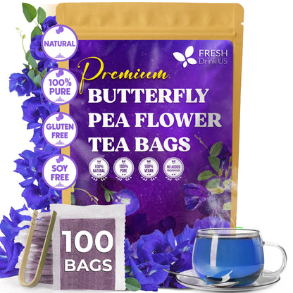 Premium Butterfly Pea Flowers, Tea Bags, 100% Natural and Pure from Butterfly Pea Flowers, Hand-made, Made With Natural Materials-Corn Fiber Tea Bag, Sugar/Caffeine/Gluten Free