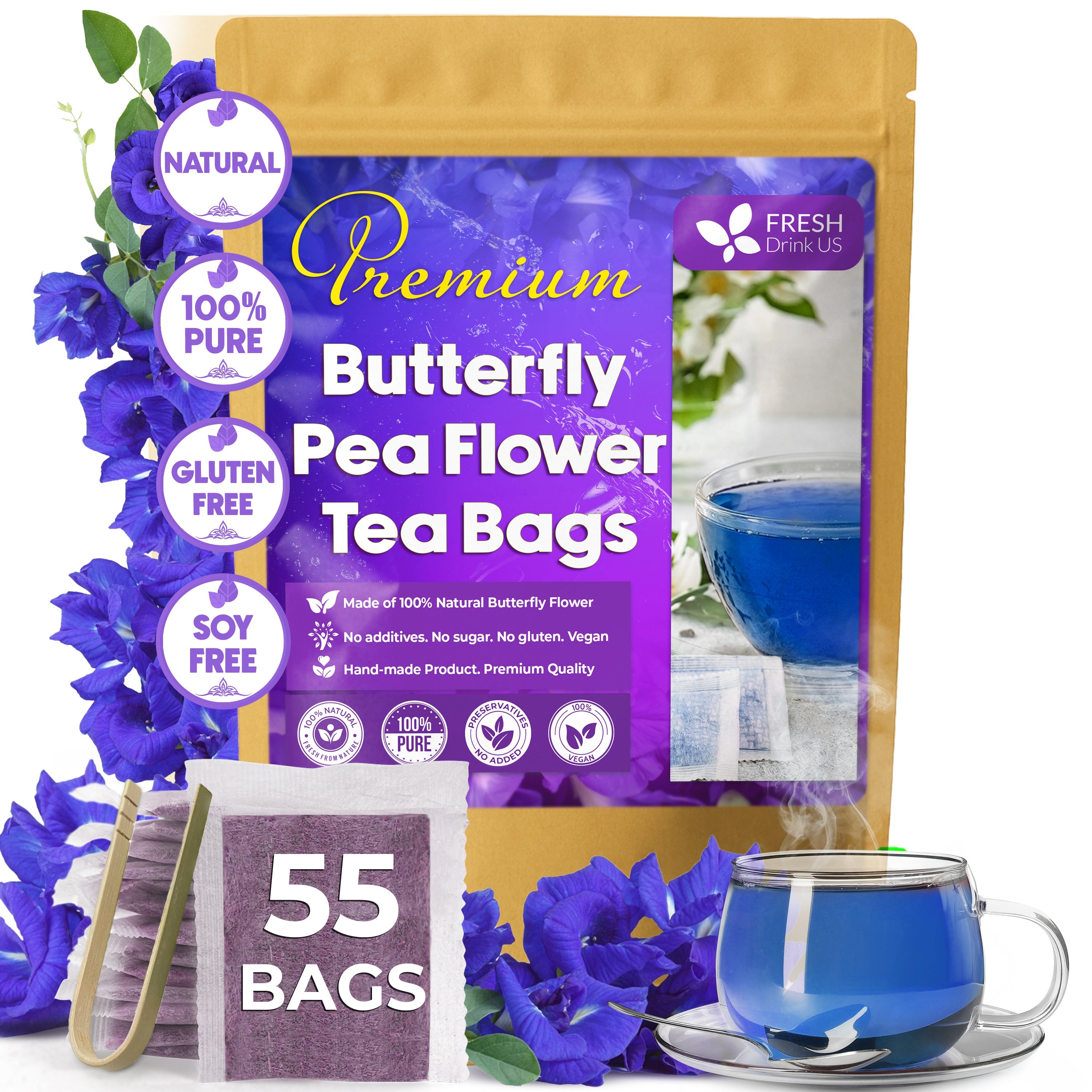 Premium Butterfly Pea Flowers, Tea Bags, 100% Natural and Pure from Butterfly Pea Flowers, Hand-made, Made With Natural Materials-Corn Fiber Tea Bag, Sugar/Caffeine/Gluten Free