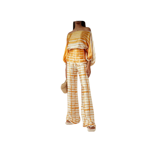 Off Shoulder Long Sleeve Shirt and Wide Leg Pant