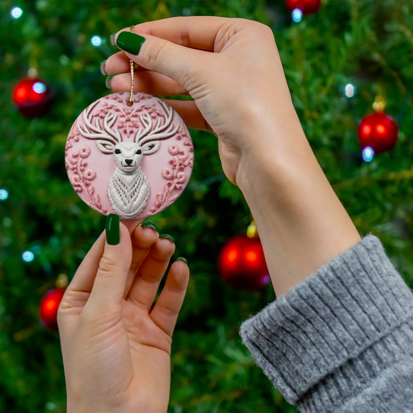 3D Embroidered Pink Christmas Deer #2 Ceramic Ornament