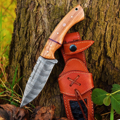 Custom Handmade 10" Damascus Steel Hunting Knife with Olive Wood Handle & Leather Sheath