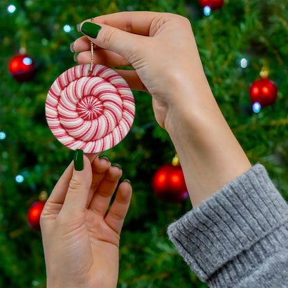 3D Embroidered Pink Christmas Swirled Candy Cane Ceramic Ornament