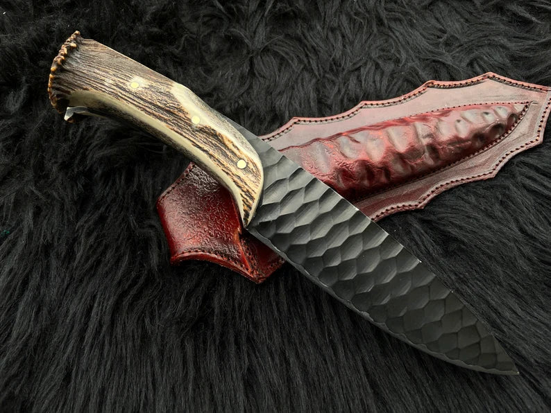 Custom Forged 1095 High Carbon Steel Hunting Knife – 12” Antler Horn Handle with Leather Sheath