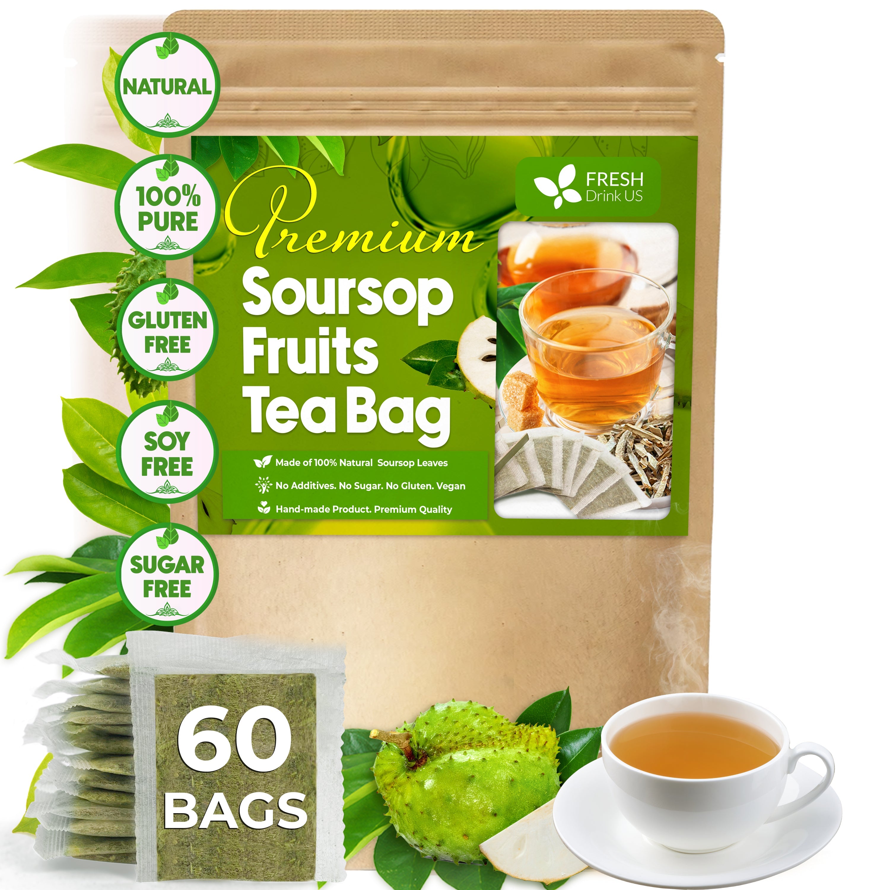 Premium Soursop Graviola Fruit Tea Bags, Tea Powder, 100% Natural and Pure from Soursop Fruits, Handmade, Made With Natural Materials-Corn Fiber Tea Bag, Sugar/Caffeine/Gluten Free, Hoja Guanabana Tea