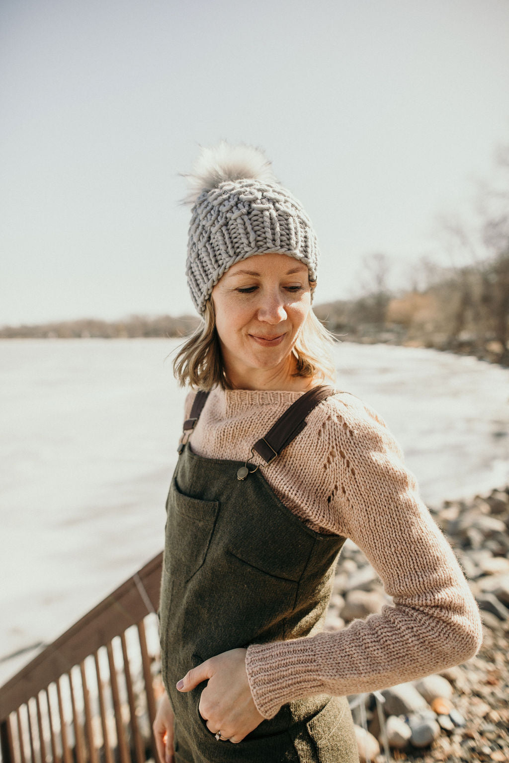 Gray Merino Wool Knit Hat with Faux Fur Pom Pom