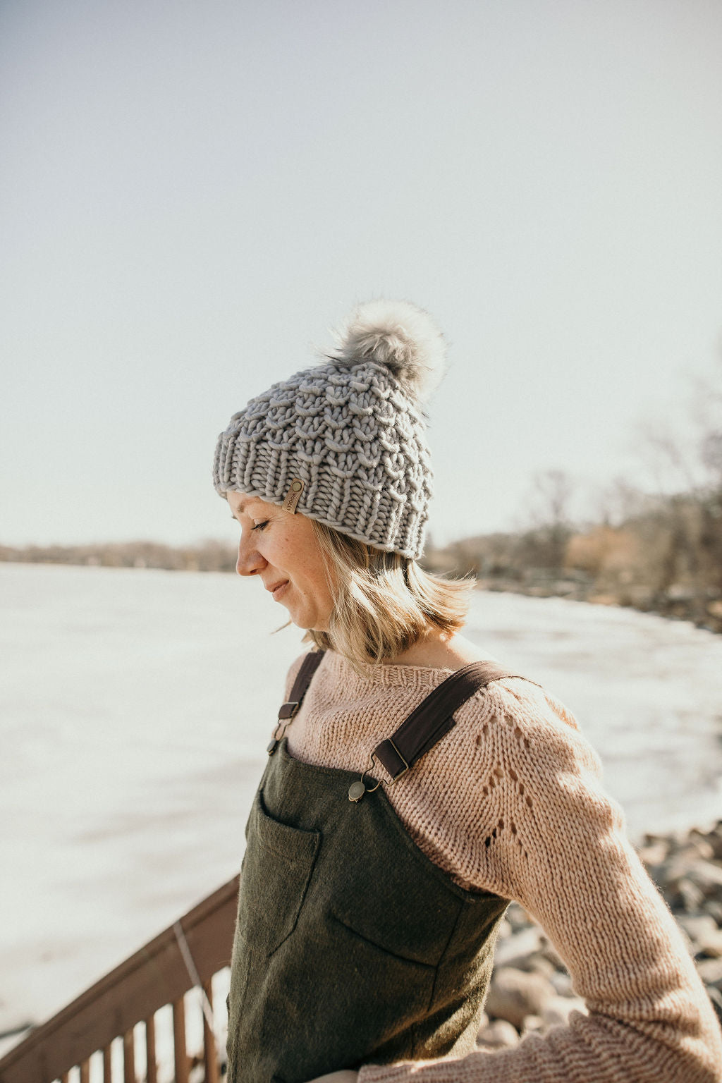 Gray Merino Wool Knit Hat with Faux Fur Pom Pom