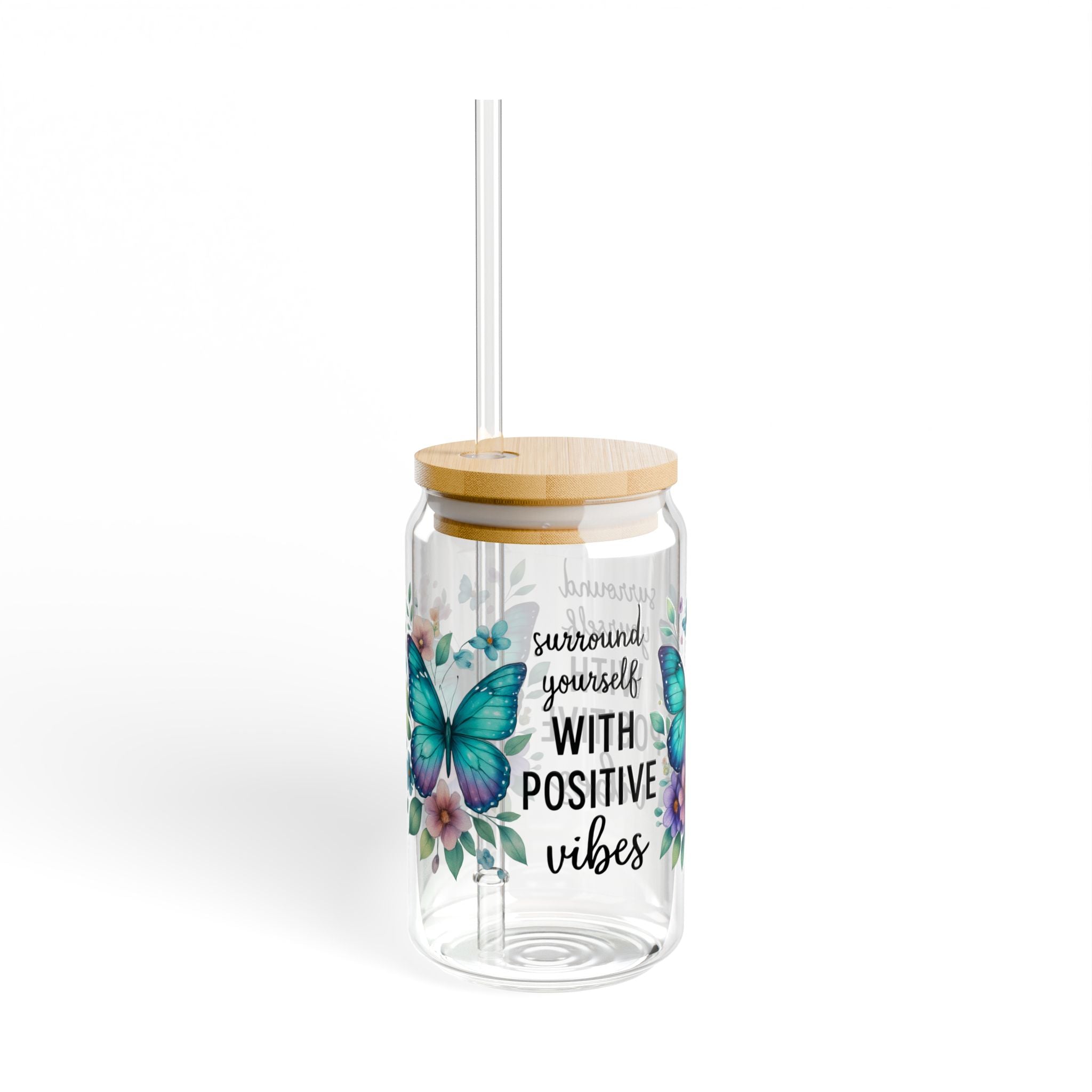 Butterfly Sipper Glass - 16oz, Positive Vibes Drinkware, Floral Glass, Eco-Friendly Tumbler, Gift for Garden Lovers, Summer Drinkware