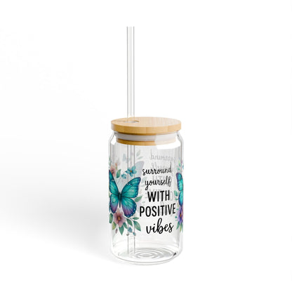 Butterfly Sipper Glass - 16oz, Positive Vibes Drinkware, Floral Glass, Eco-Friendly Tumbler, Gift for Garden Lovers, Summer Drinkware