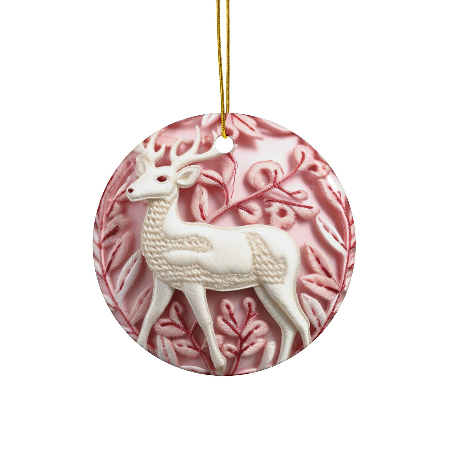 3D Embroidered Pink Christmas Deer #1 Ceramic Ornament