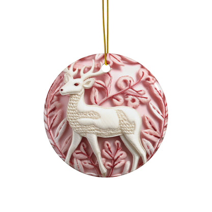 3D Embroidered Pink Christmas Deer #1 Ceramic Ornament