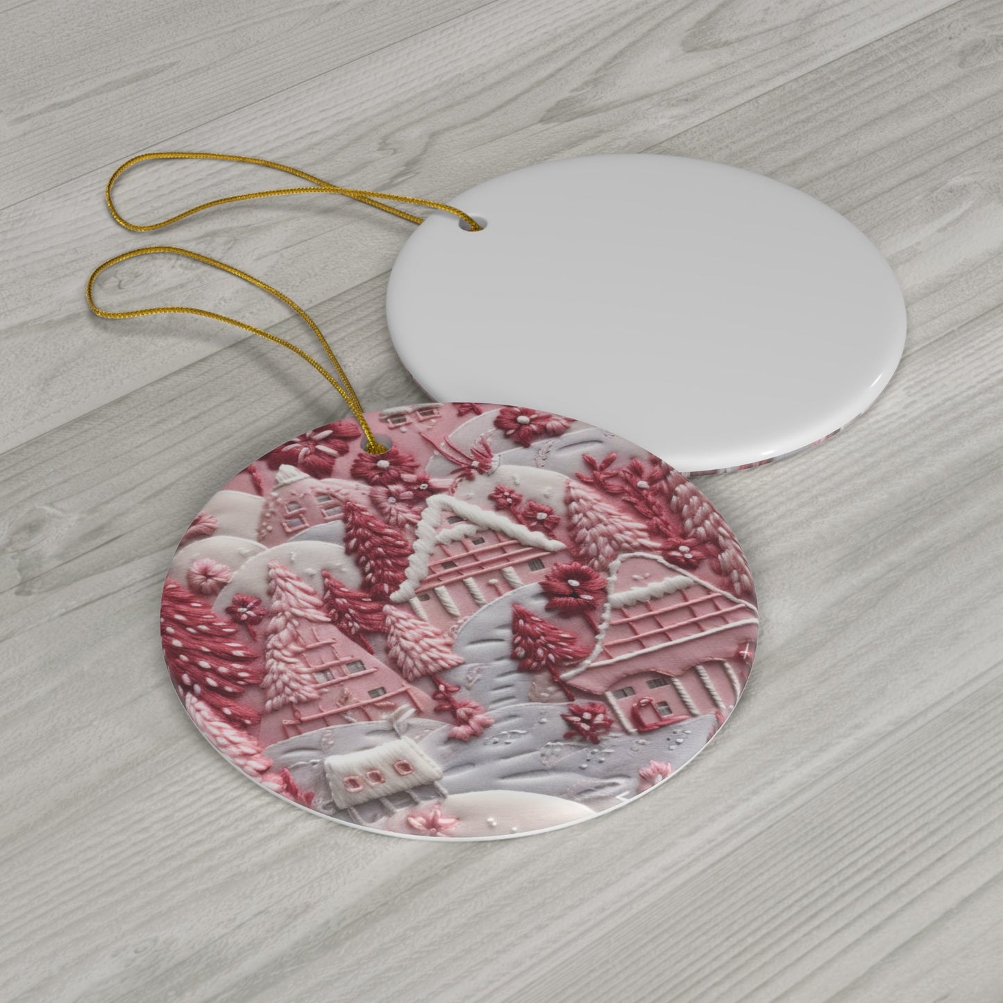 3D Embroidered Pink Christmas Landscape Ceramic Ornament