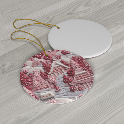 3D Embroidered Pink Christmas Landscape Ceramic Ornament