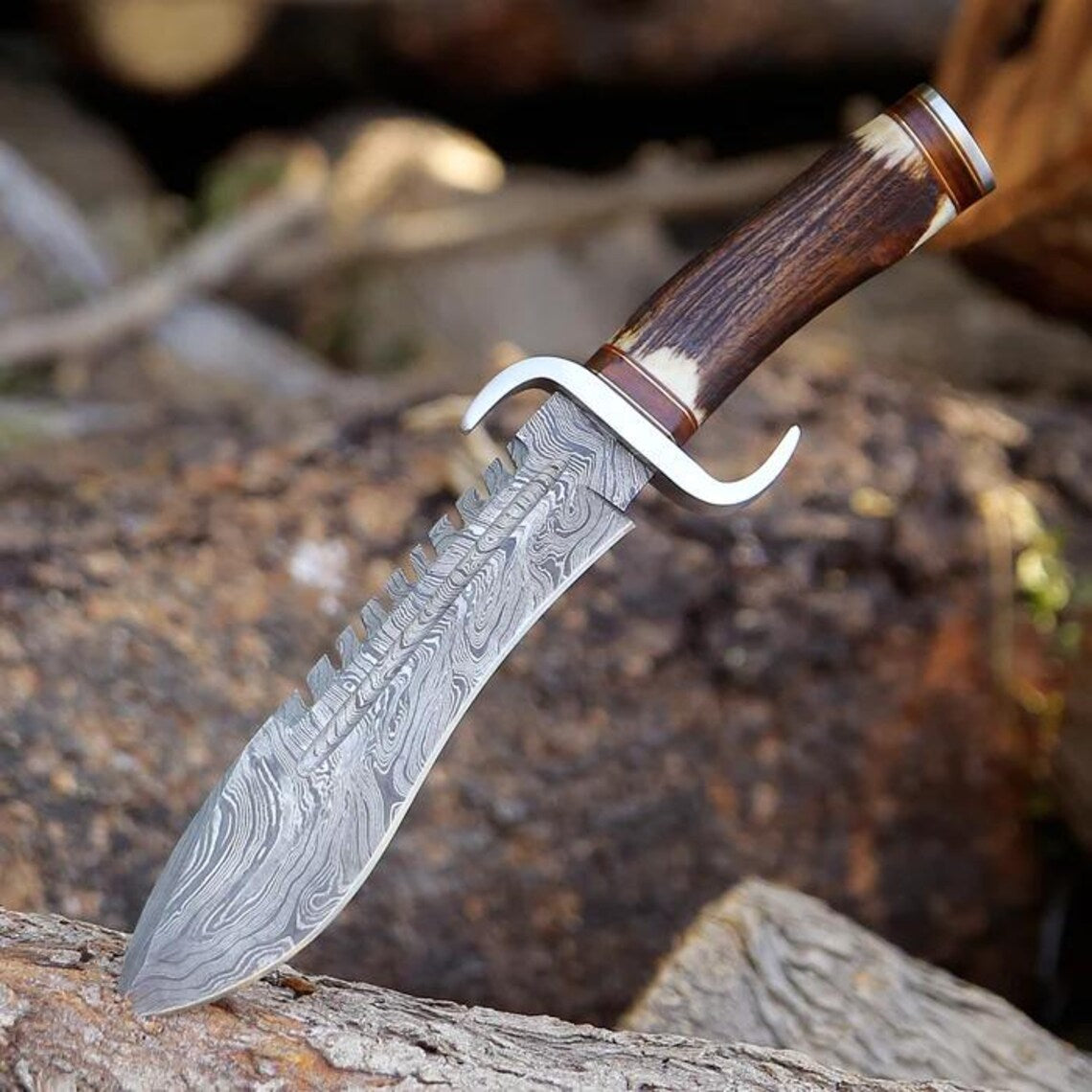 Damascus Steel Western Bowie Knife – 12" with Damascus Steel Guard & Stag Horn Handle, Comes with Leather Sheath