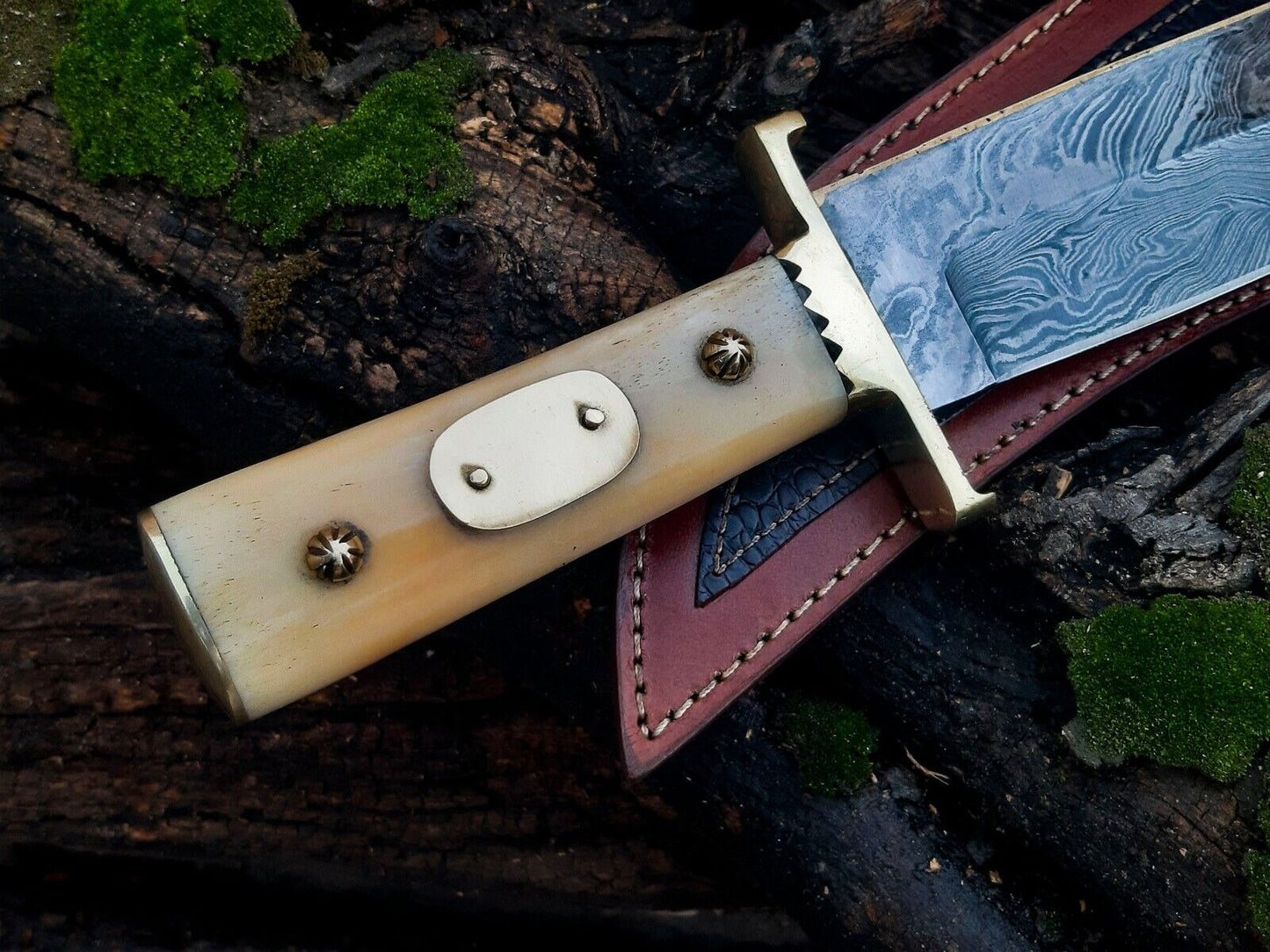 Damascus Steel Cowboy Bowie Knife – 13" with Brass Guard and Camel Bone Handle, Leather Sheath Included