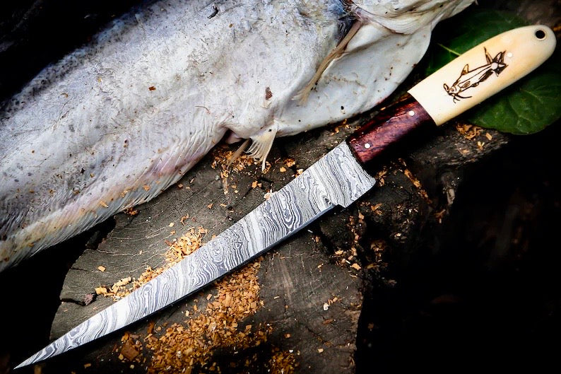 Custom Handmade Filleting Knife for Fish – 13" Damascus Steel Blade with Camel Bone & Rosewood Handle