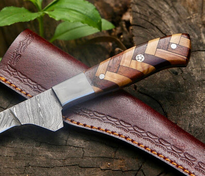 Handmade Damascus Fillet Knife 8” – Rosewood & Olive Wood Handle with Leather Sheath