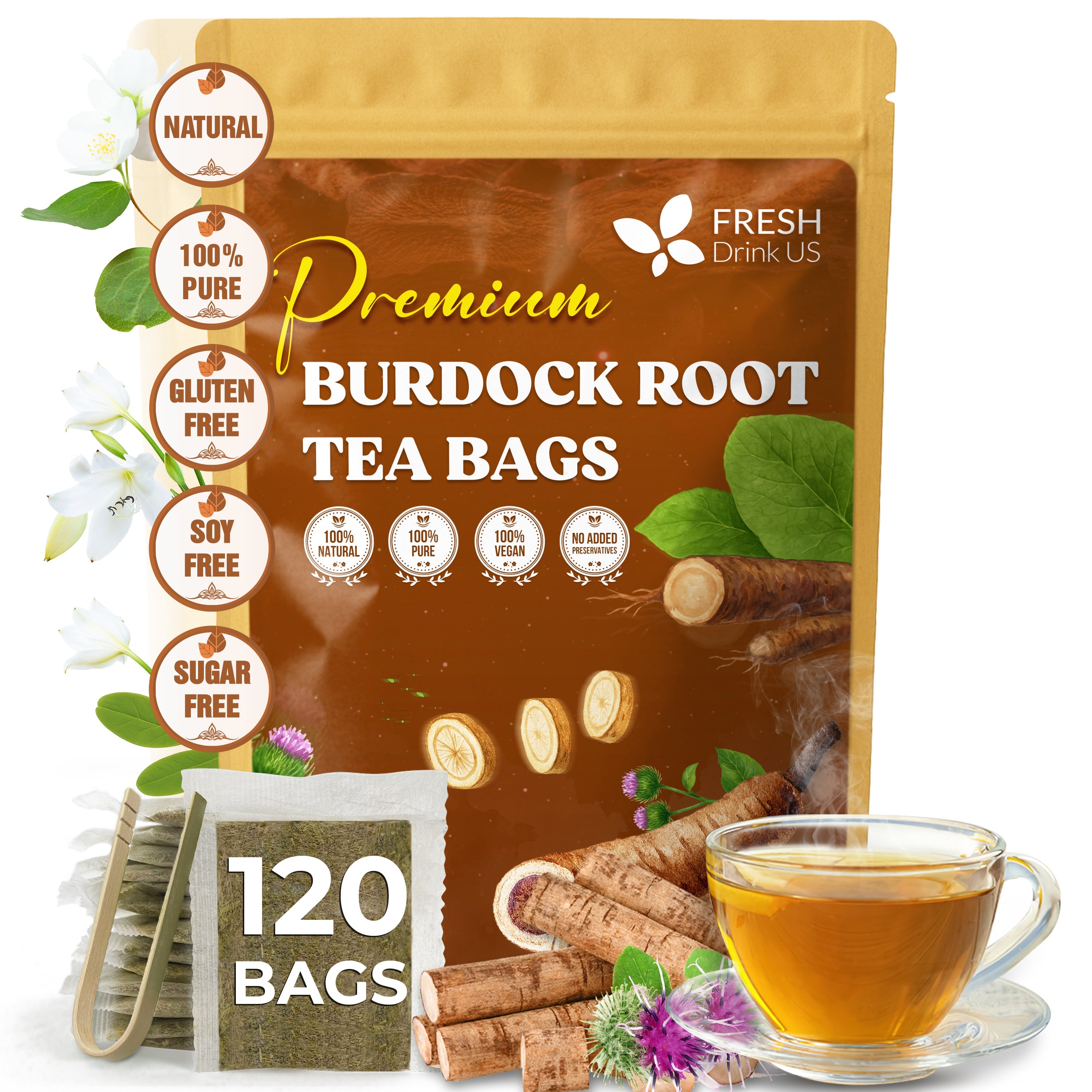 Burdock Root Tea Bags, 100% Natural & Pure from Burdock Root. Burdock Root Herbal Tea. Burdock Root Tea. No Sugar, No Caffeine, No Gluten, Vegan.