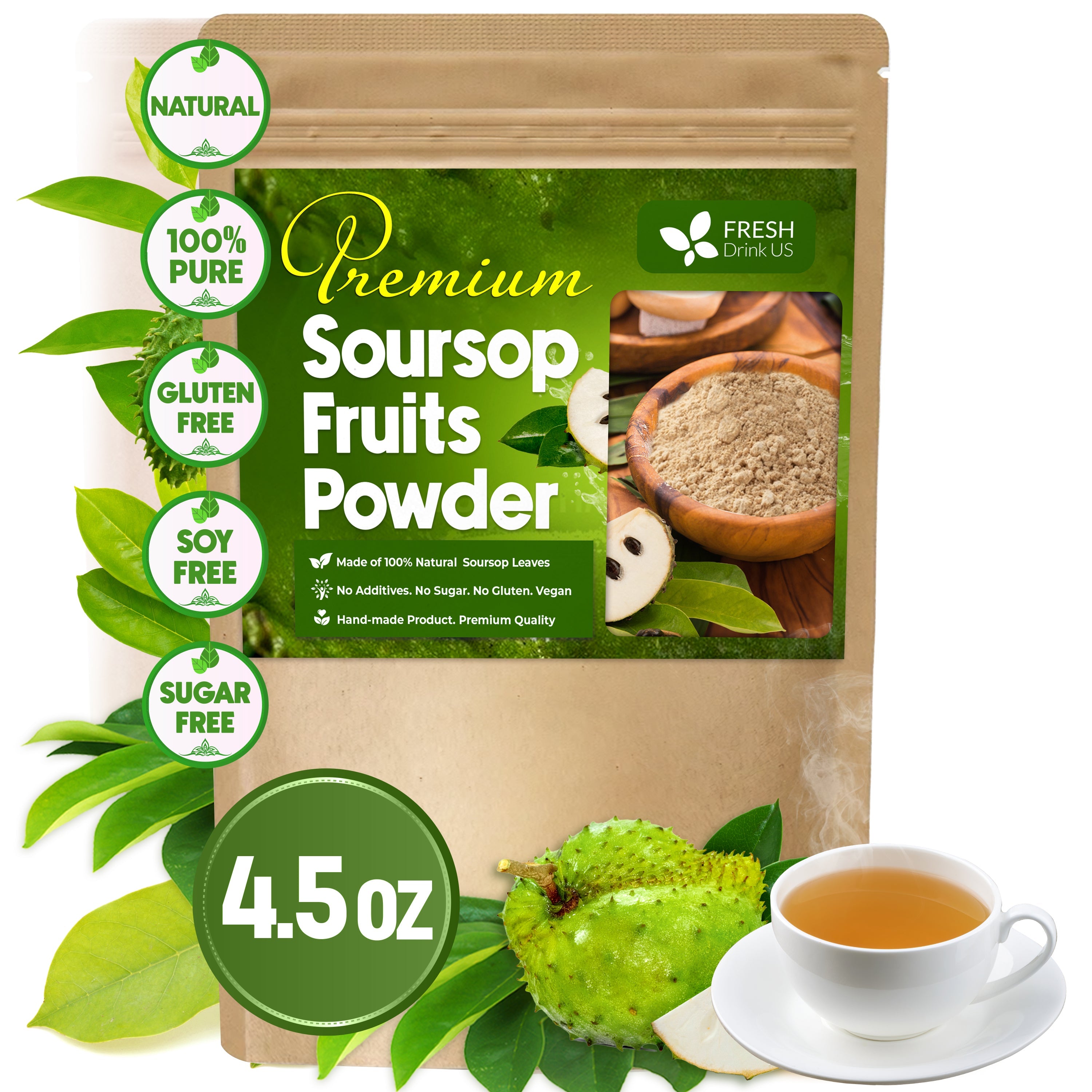 Premium Soursop Graviola Fruit Tea Bags, Tea Powder, 100% Natural and Pure from Soursop Fruits, Handmade, Made With Natural Materials-Corn Fiber Tea Bag, Sugar/Caffeine/Gluten Free, Hoja Guanabana Tea