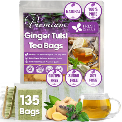 Premium Ginger Tulsi Tea Bags | Hand-made Blend of Ginger and Tulsi Holy Basil Leaves