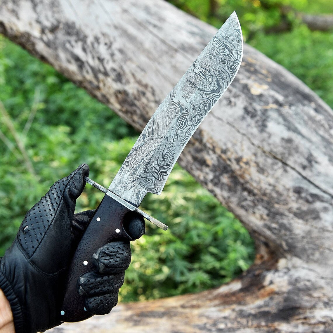 Damascus Steel Antique Bowie Knife for Sale – 13" with Damascus Steel Guard and Rosewood Handle, Includes Leather Sheath
