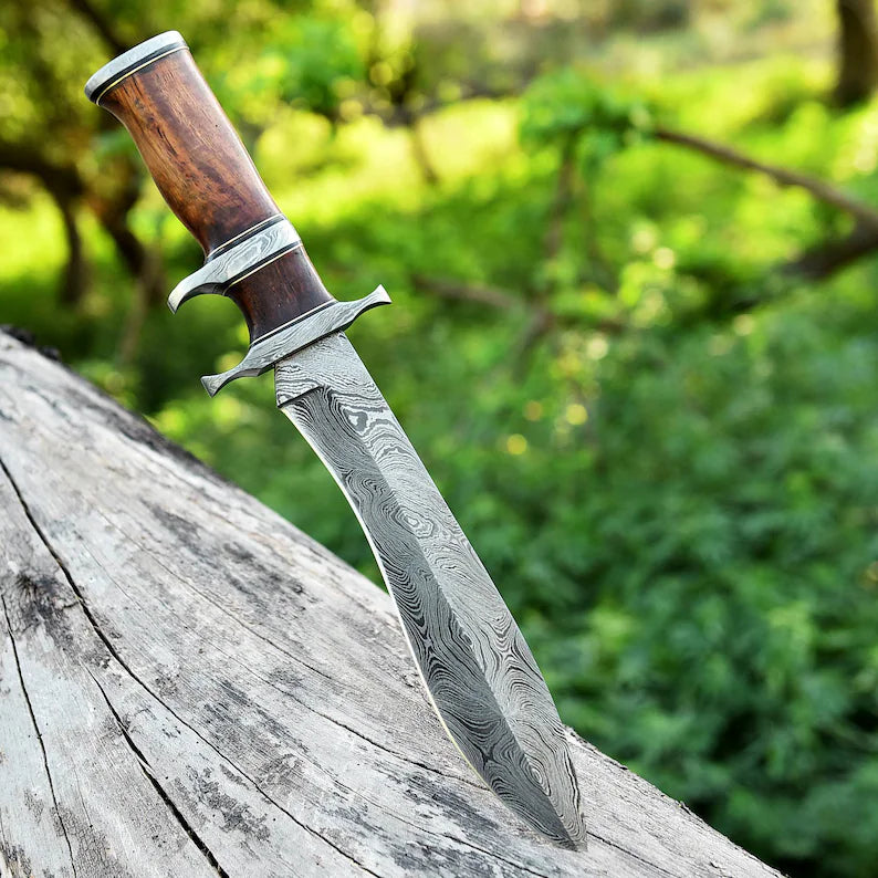 Custom Handmade 13" Damascus Steel Civil War Bowie Knife with Rosewood Handle and Leather Sheath
