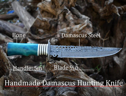 Custom Handmade 13" Damascus Steel Civil War Bowie Knife with Camel Bone Handle and Leather Sheath