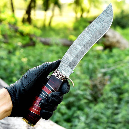 Antique 13" Damascus Steel Bowie Knife – Brass Guard and Pakkawood Handle with Leather Sheath