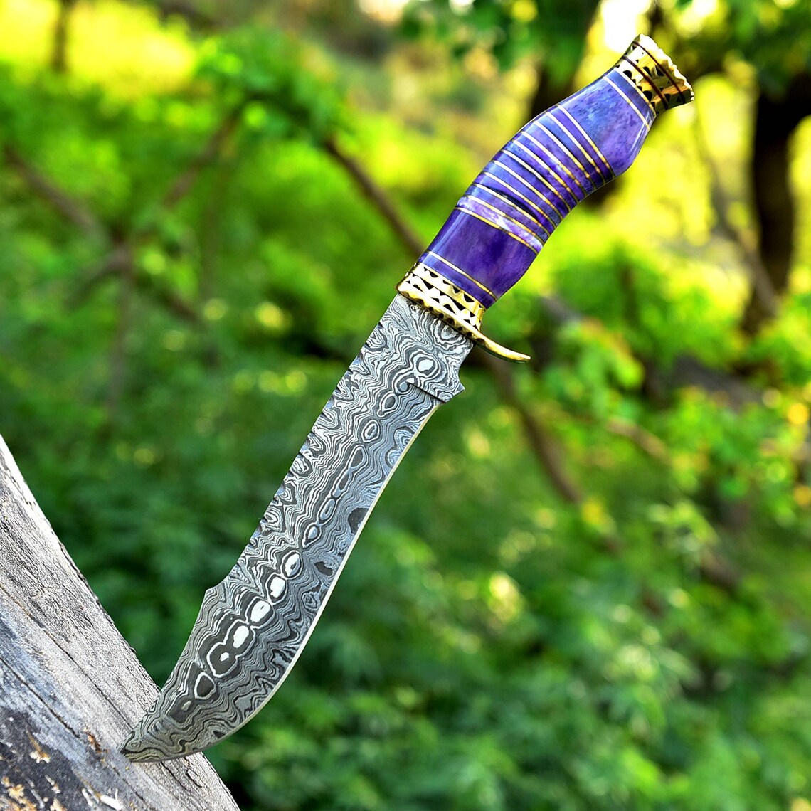 Vintage Original Damascus Steel Bowie Knife – 13" with Brass Guard and Camel Bone Handle