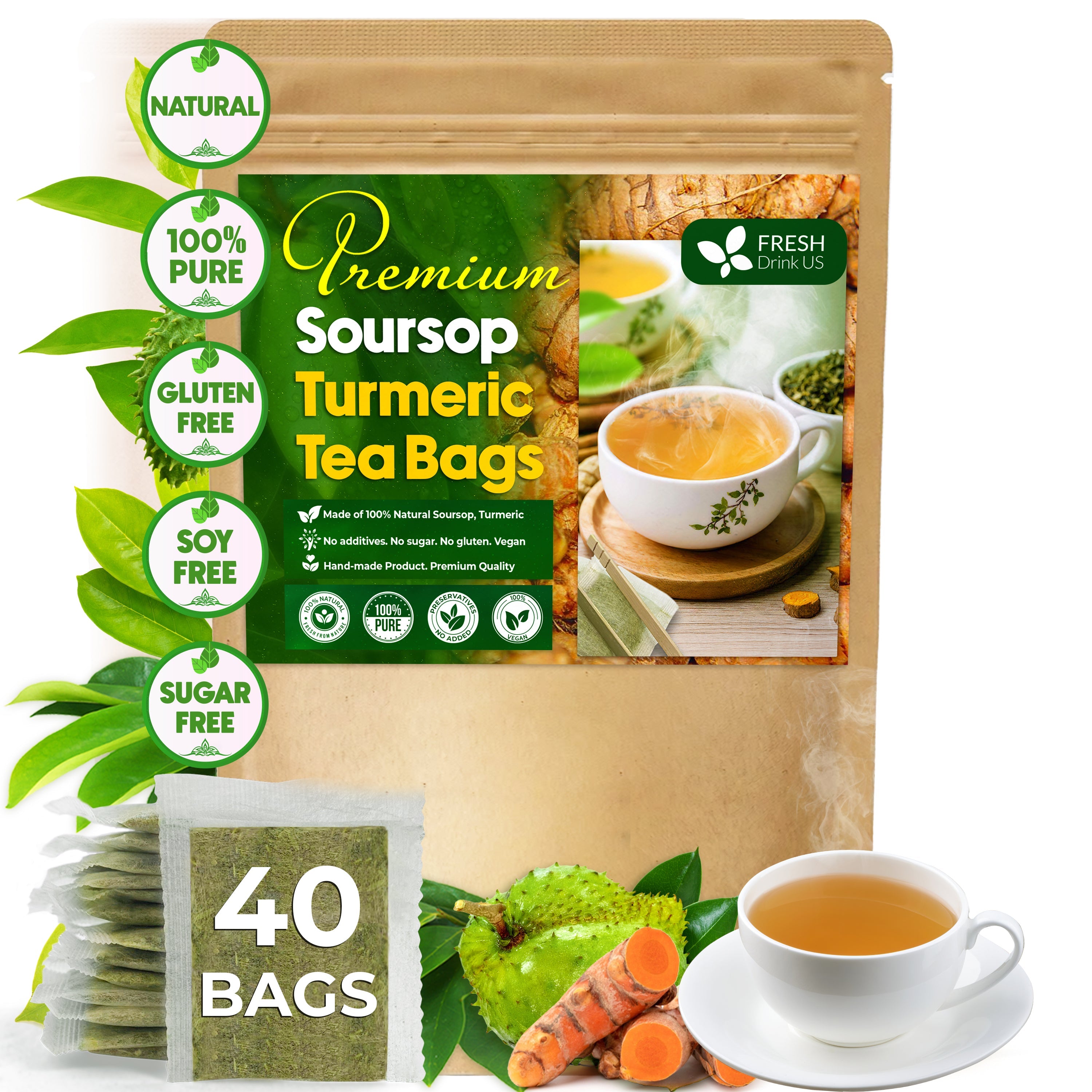 Premium Soursop Turmeric Tea Bags | Blend of Soursop Leaves, and Turmeric Root