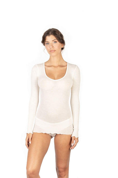 EGi Luxury Wool Silk Long Sleeve Top with Satin Trim. Proudly Made in Italy (1437)