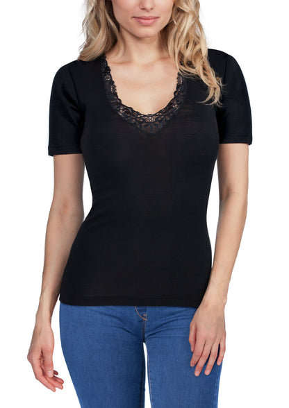EGi Luxury Merino Wool Silk Women's Short Sleeve T-Shirt with Lace Trimming. Proudly Made in Italy.(146)