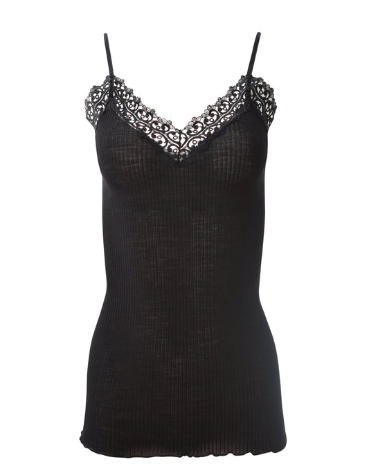 EGI Luxury Wool Silk Camisole Spaghetti Straps with Macramé Trim. Proudly Made in Italy.