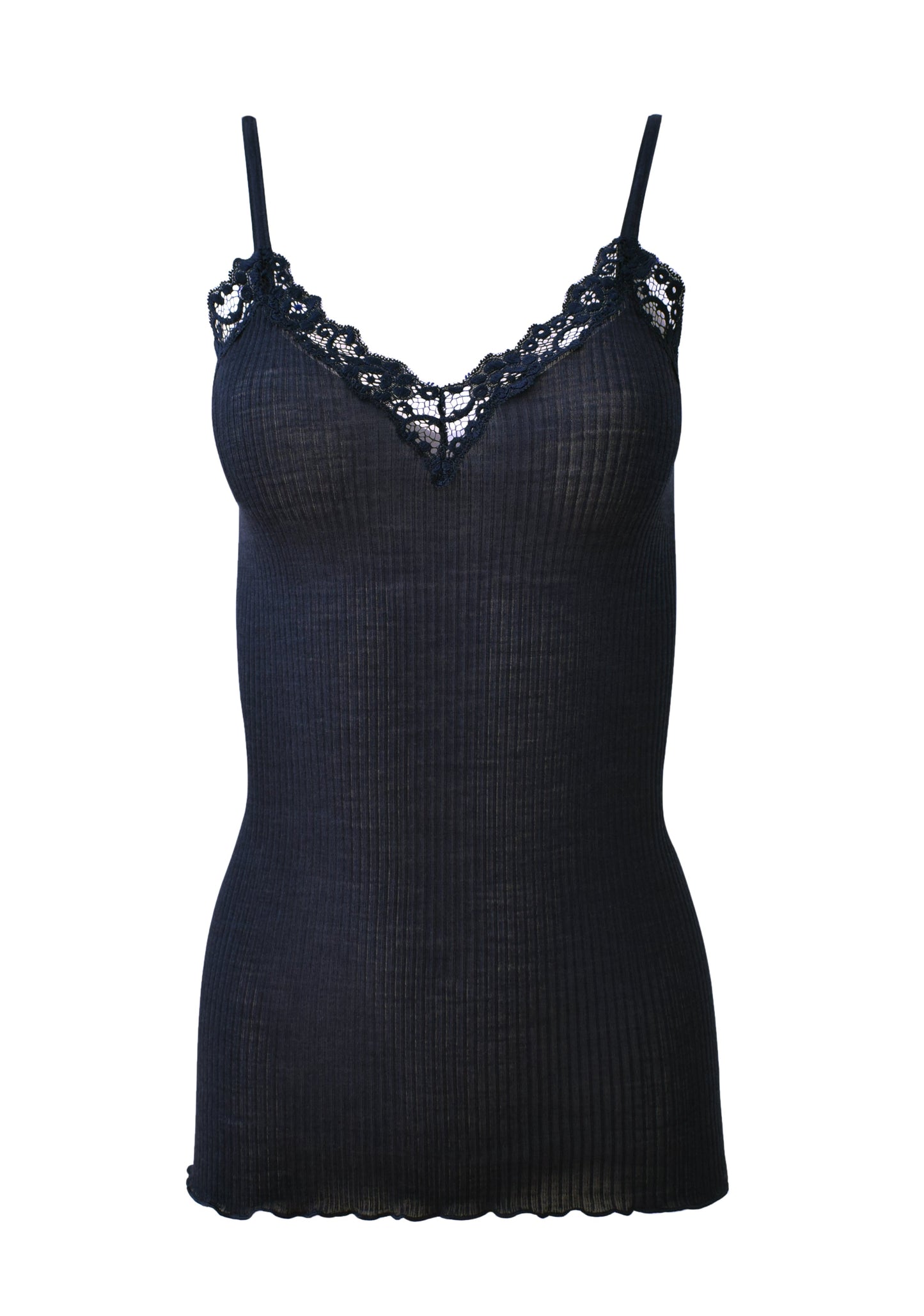 EGI Luxury Wool Silk Camisole Spaghetti Straps with Lace Trim. Proudly Made in Italy.